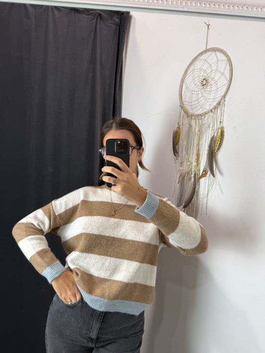 Pull righe latte/beige/azzurro