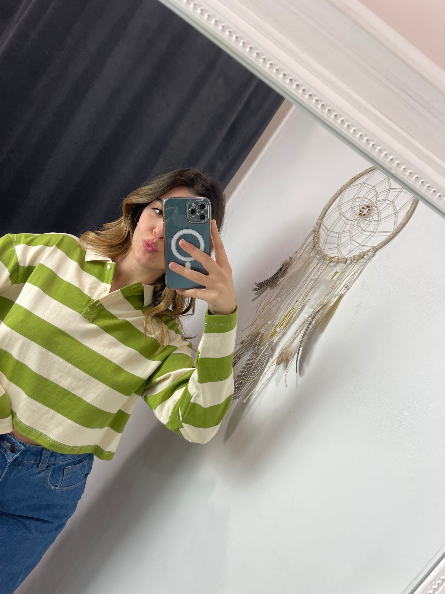 Polo crop righe verde e panna