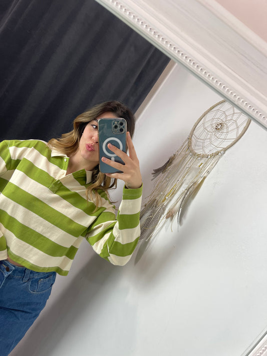 Polo crop righe verde e panna