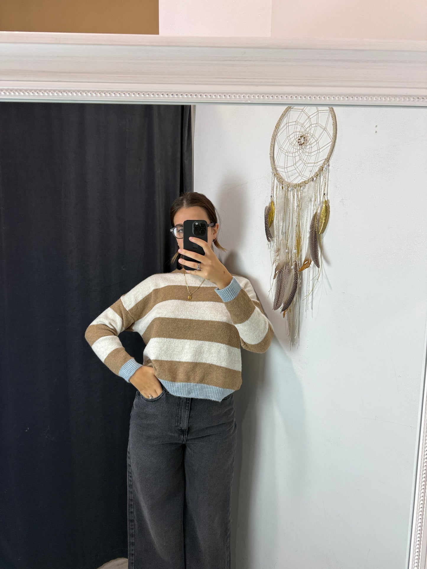 Pull righe latte/beige/azzurro